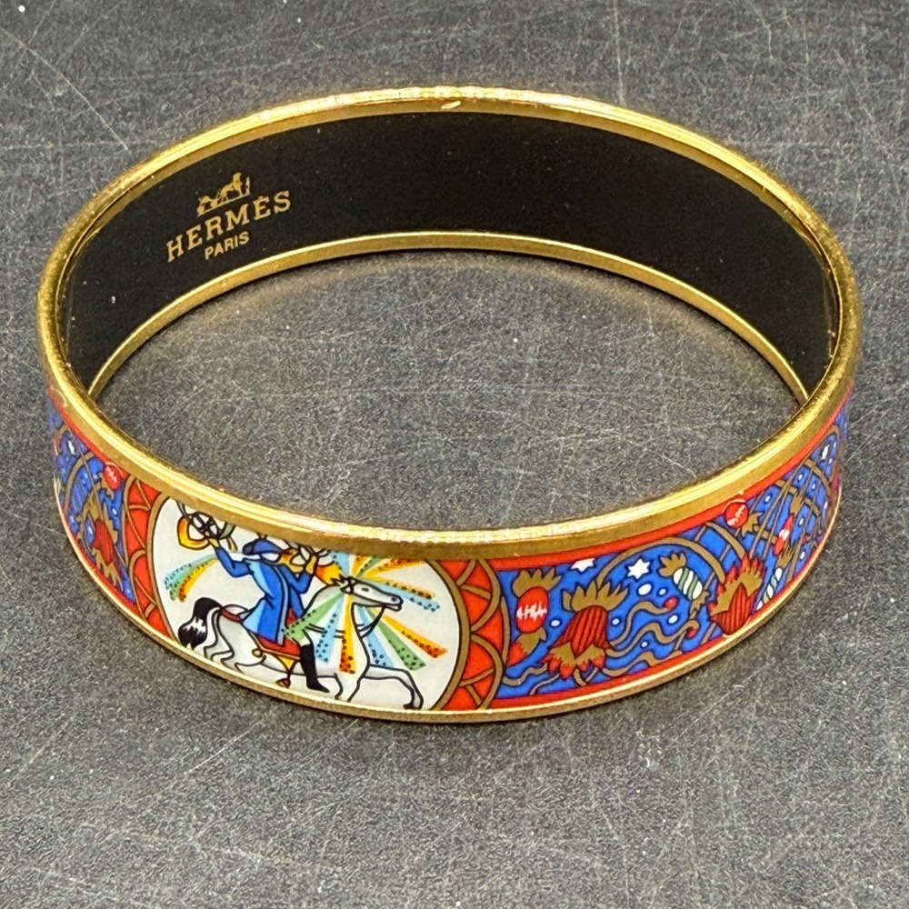 Vintage Hermes Enamel Bangle Bracelet Women OS Gold Multi Circus Horse Vintage